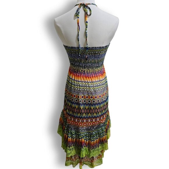 Lapis ✦ Boho Rainbow Halter Dress ✦ Lace Hi-Low Hem + Festival Vibes Sz S EUC - Picture 4 of 14